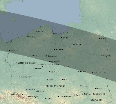 Map of the eclipse path across Poland on 05/15/1836