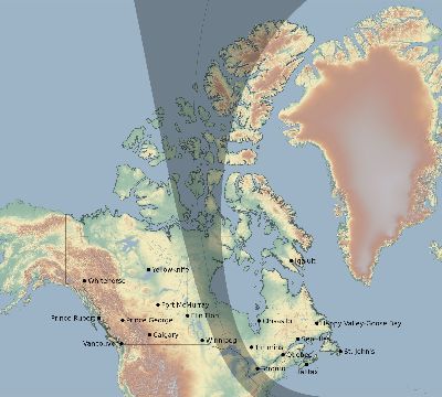 Map of the eclipse path across Canada on 09/18/1838