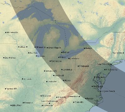 Map of the eclipse path across United States on 09/18/1838