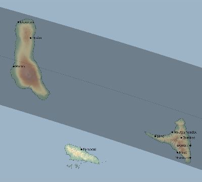 Map of the eclipse path across Comoros on 08/27/1840