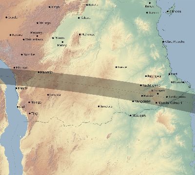 Map of the eclipse path across Tanzania on 08/27/1840