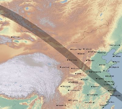 Map of the eclipse path across China on 07/08/1842