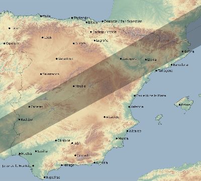 Map of the eclipse path across Spain on 07/08/1842