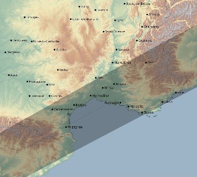 Map of the eclipse path across France on 07/08/1842