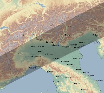 Map of the eclipse path across Italy on 07/08/1842