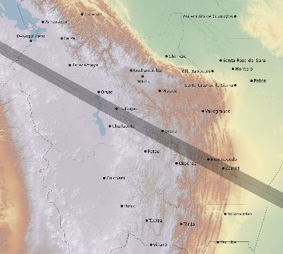 Map of the eclipse path across Bolivia on 06/27/1843