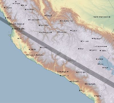 Map of the eclipse path across Peru on 06/27/1843