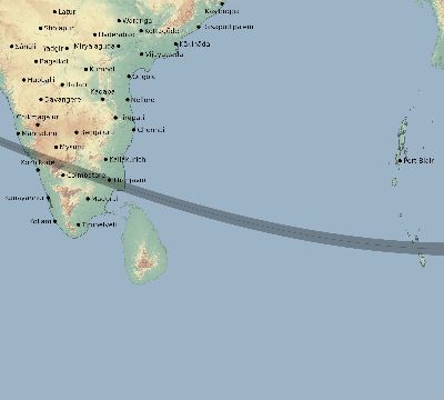 Map of the eclipse path across India on 12/21/1843