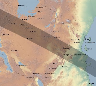 Map of the eclipse path across Tanzania on 10/20/1846