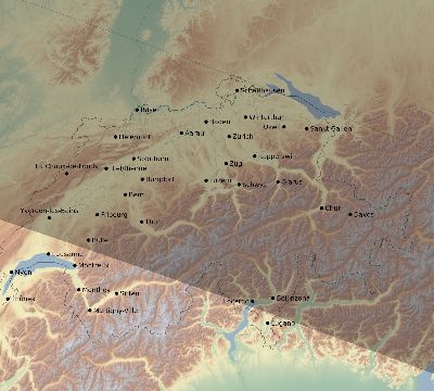 Map of the eclipse path across Switzerland on 10/09/1847