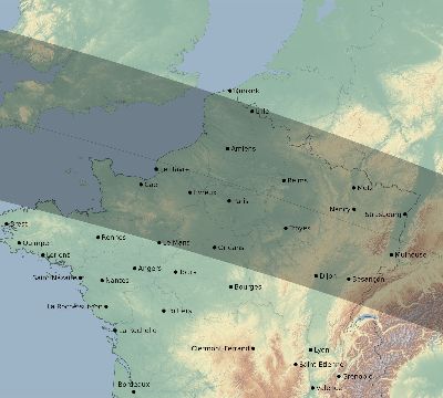 Map of the eclipse path across France on 10/09/1847