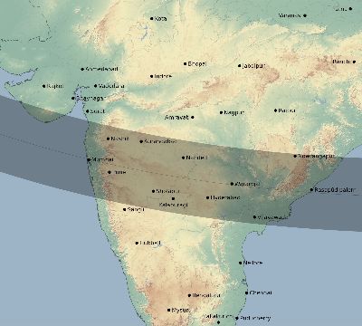 Map of the eclipse path across India on 10/09/1847