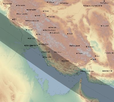 Map of the eclipse path across Iran on 10/09/1847
