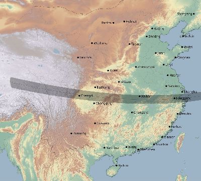 Map of the eclipse path across China on 02/23/1849
