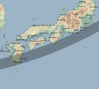 Map of the eclipse path across Japan on 02/23/1849