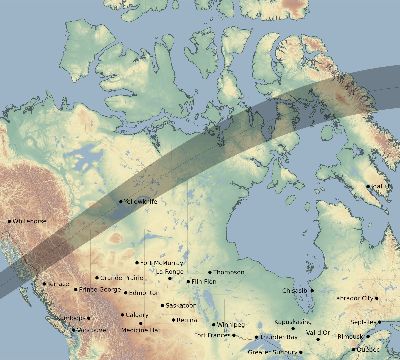 Map of the eclipse path across Canada on 07/28/1851