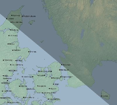 Map of the eclipse path across Denmark on 07/28/1851