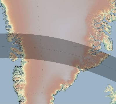 Map of the eclipse path across Greenland on 07/28/1851
