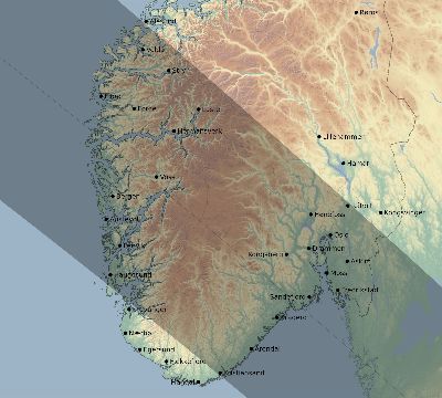 Map of the eclipse path across Norway on 07/28/1851