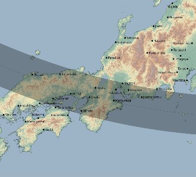 Map of the eclipse path across Japan on 12/11/1852