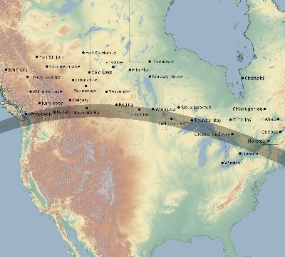 Map of the eclipse path across Canada on 05/26/1854