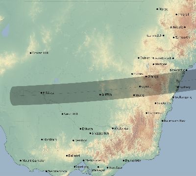Map of the eclipse path across Australia on 03/25/1857
