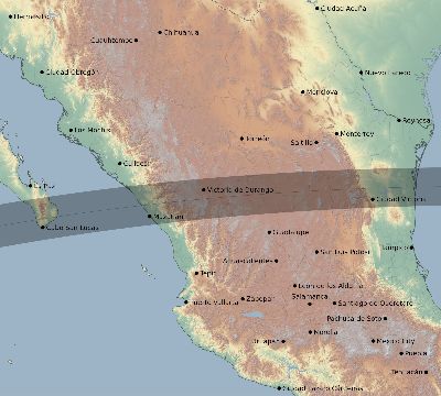 Map of the eclipse path across Mexico on 03/25/1857