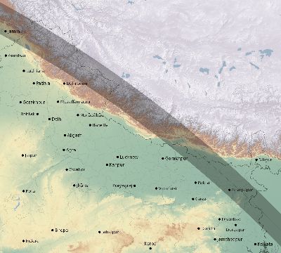 Map of the eclipse path across India on 09/18/1857