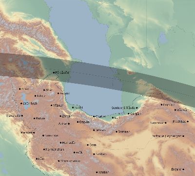 Map of the eclipse path across Iran on 09/18/1857