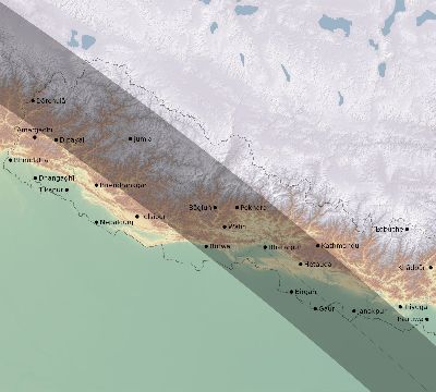 Map of the eclipse path across Nepal on 09/18/1857