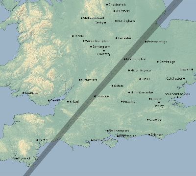 Map of the eclipse path across United Kingdom on 03/15/1858