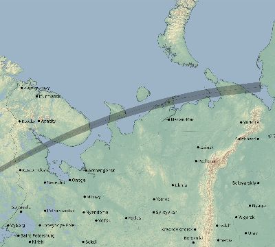 Map of the eclipse path across Russia on 03/15/1858