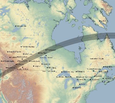 Map of the eclipse path across Canada on 07/18/1860