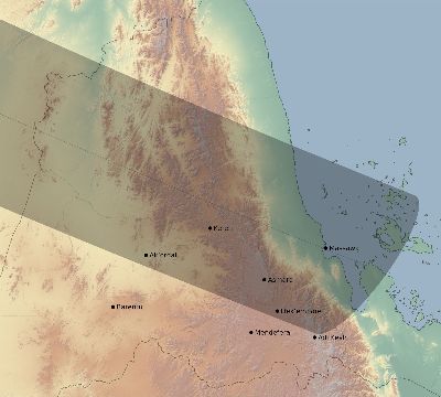 Map of the eclipse path across Eritrea on 07/18/1860