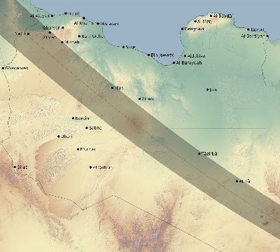 Map of the eclipse path across Libya on 07/18/1860