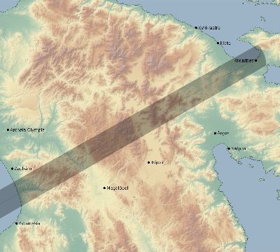 Map of the eclipse path across Greece on 12/31/1861