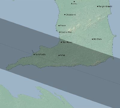 Map of the eclipse path across Trinidad and Tobago on 12/31/1861