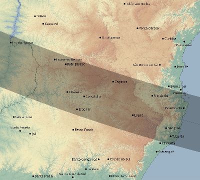 Map of the eclipse path across Brazil on 10/30/1864