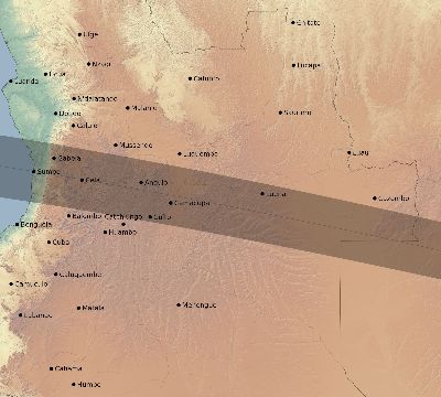 Map of the eclipse path across Angola on 04/25/1865