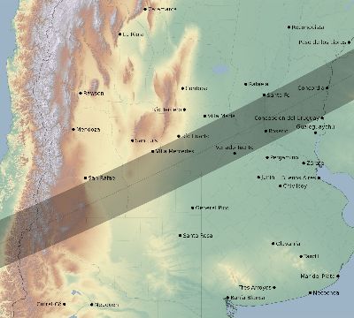 Map of the eclipse path across Argentina on 04/25/1865