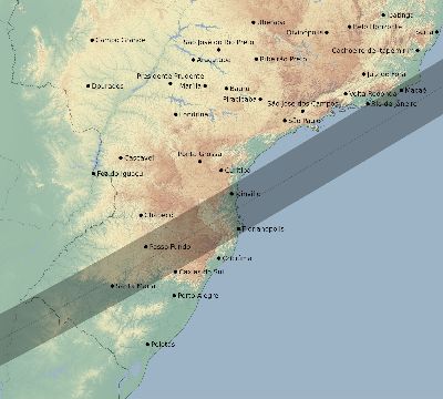 Map of the eclipse path across Brazil on 04/25/1865