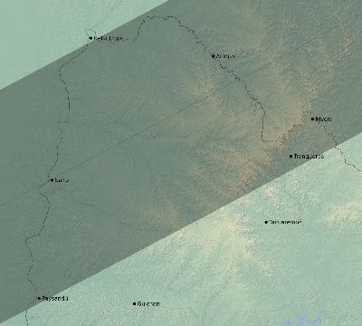 Map of the eclipse path across Uruguay on 04/25/1865
