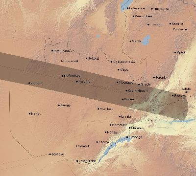 Map of the eclipse path across Zambia on 04/25/1865