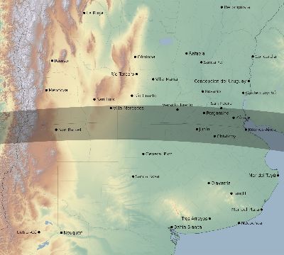 Map of the eclipse path across Argentina on 08/29/1867