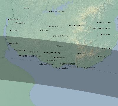 Map of the eclipse path across Uruguay on 08/29/1867