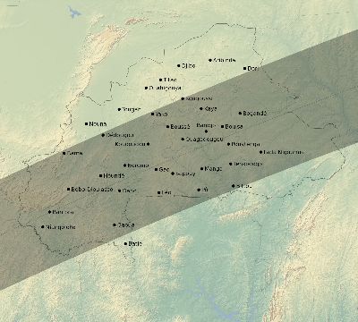 Map of the eclipse path across Burkina Faso on 02/23/1868