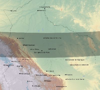 Map of the eclipse path across Bolivia on 02/23/1868