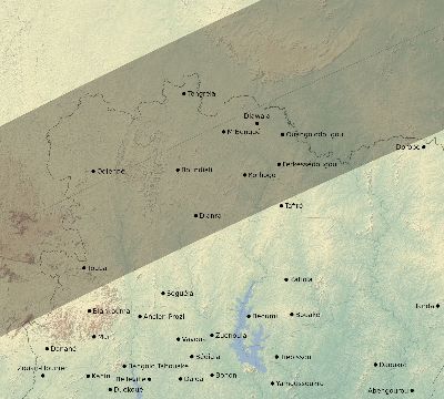 Map of the eclipse path across Côte d'Ivoire (Ivory Coast) on 02/23/1868