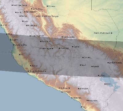 Map of the eclipse path across Peru on 02/23/1868