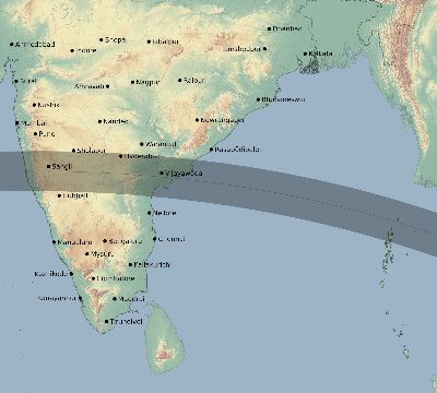 Map of the eclipse path across India on 08/18/1868